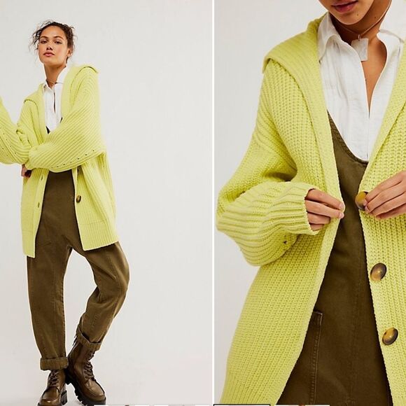 New free people swim too deep cardigan sweater green yellow - Picture 2 of 7
